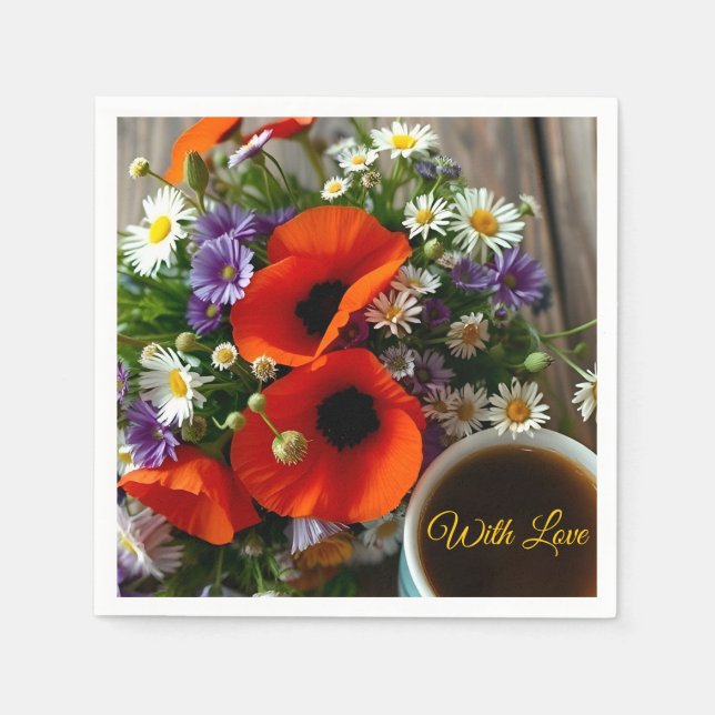 Guardanapo De Papel Custom "With Love"  Cup of Coffee & Red Poppies  (Frente)