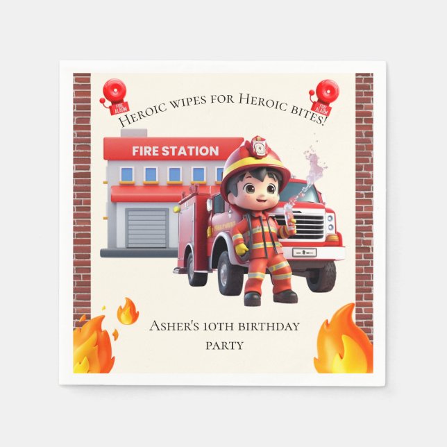 Guardanapo De Papel Cute Adorable 3D Firefighter Boy with Fire Truck (Frente)