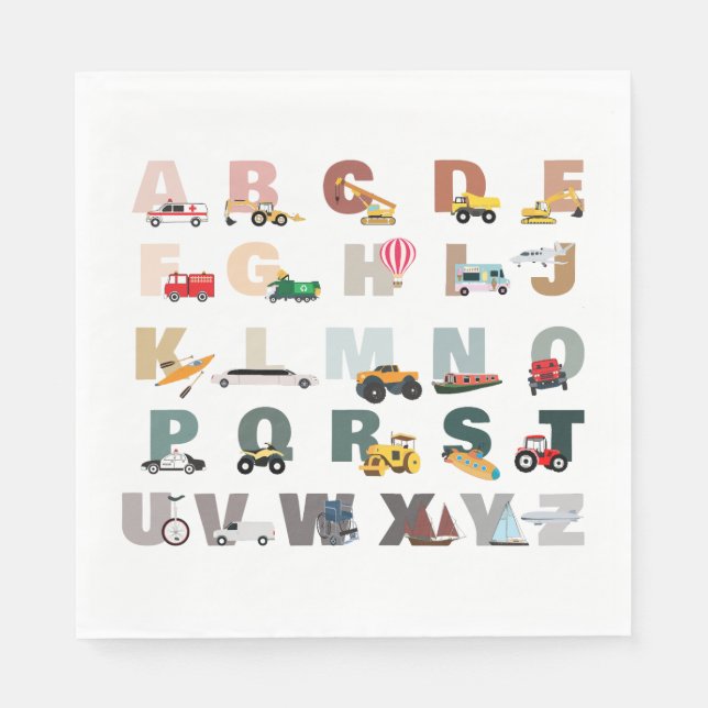 Guardanapo De Papel Cute Alphabet ABC Trucks, Veículos De Transporte (Frente)
