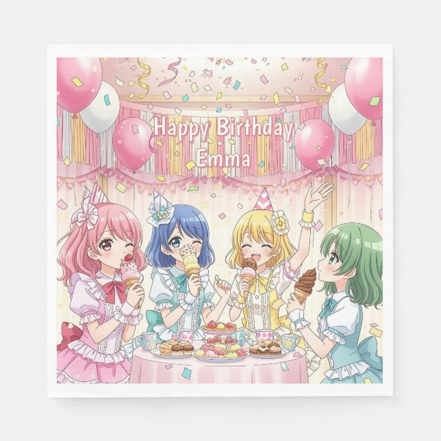 Guardanapo De Papel Cute Anime Girl's Ice Cream Birthday Party   (Frente)
