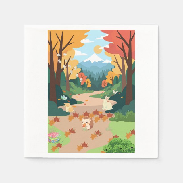 Guardanapo De Papel Cute Autumn Forest Animals Cozy Landscape Art Post (Frente)