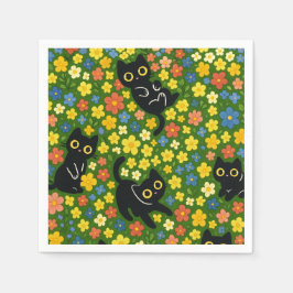 Guardanapo De Papel Cute Black Cats Floral Meadow Pattern