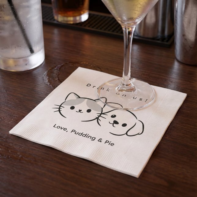 Guardanapo De Papel Cute Cat & Dog Line Art "Drink on Us!" Cocktail Na (Criador carregado)