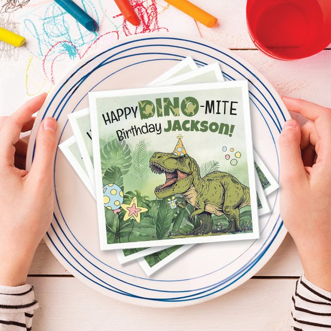 Guardanapo De Papel Cute Dino-Mite Nome Crianças Dinossauro Festa de a (Cute Dinosaur theme Happy Dino-mite Birthday name boy birthday party paper napkins table decorations)