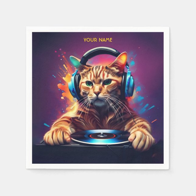 Guardanapo De Papel Cute Fantasy Cat DJ Vinyl (Frente)