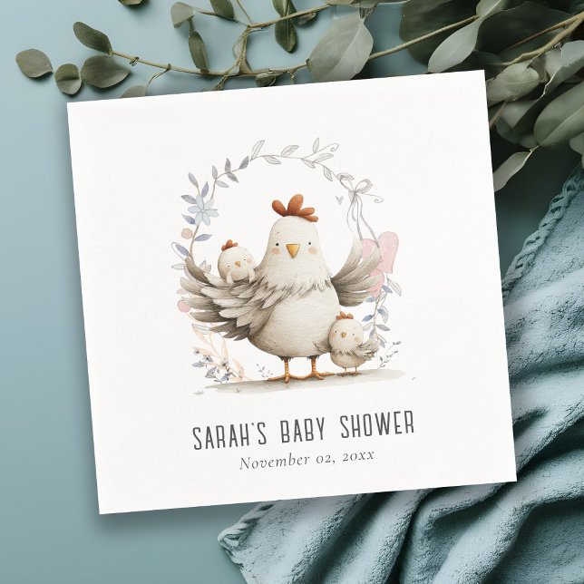 Guardanapo De Papel Cute Farm Mum and Baby Chick Floral Baby Shower (Criador carregado)