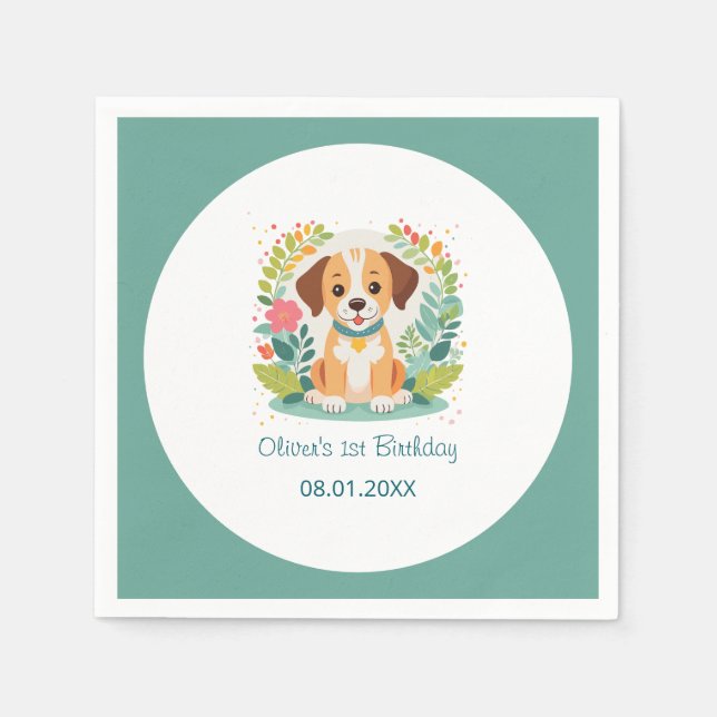 Guardanapo De Papel  Cute Floral Dog Puppy Kids Birthday Party (Frente)