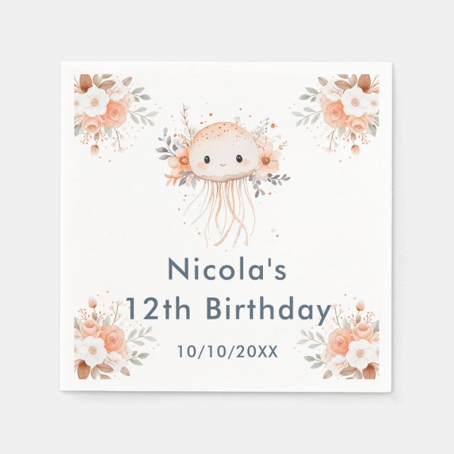 Guardanapo De Papel Cute Floral Jellyfish Birthday Party (Frente)