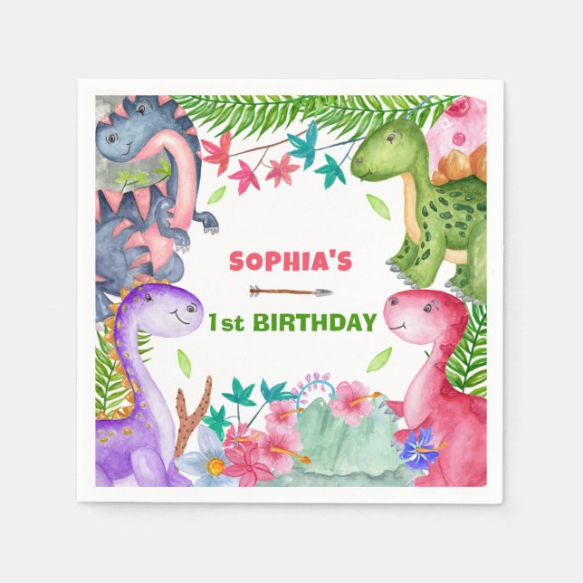 Guardanapo De Papel Cute Girl Dinosaur 1st Birthday Party (Frente)