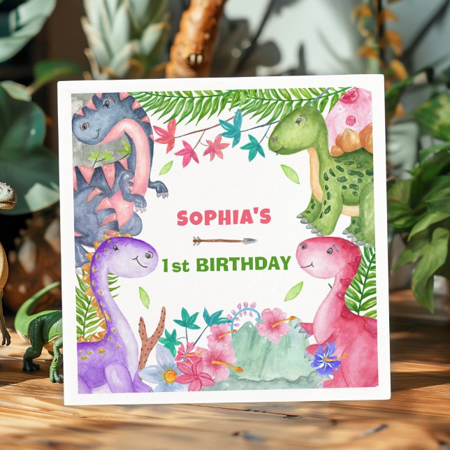 Guardanapo De Papel Cute Girl Dinosaur 1st Birthday Party (Criador carregado)