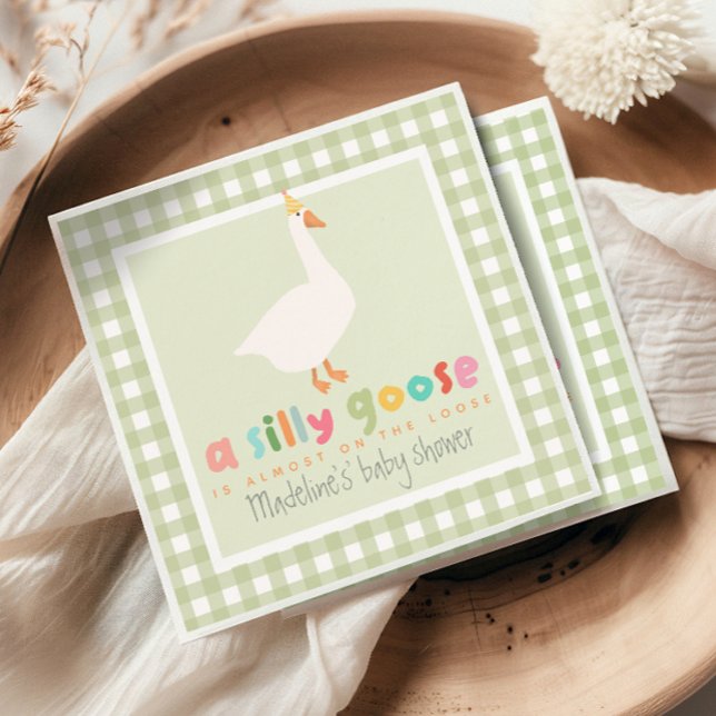 Guardanapo De Papel Cute Green Gingham Neutral Silly Goose Baby Shower (Criador carregado)