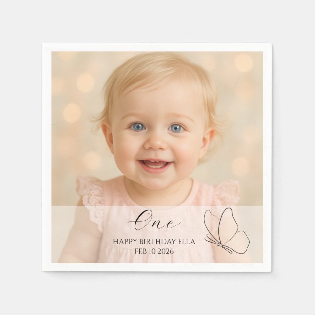 Guardanapo De Papel Cute Kid's First Birthday Party With Custom Photo (Frente)
