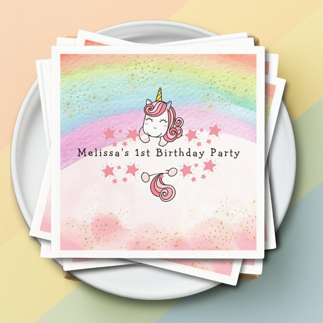 Guardanapo De Papel Cute Pastel Unicorn & Rainbow First Birthday  (Criador carregado)