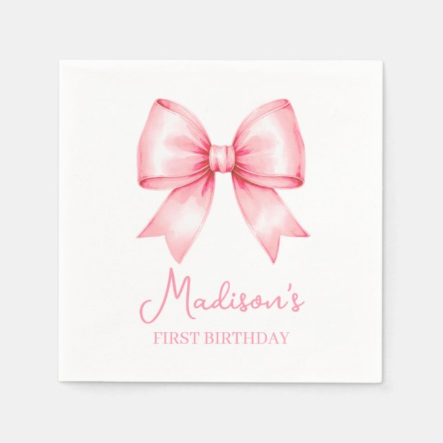 Guardanapo De Papel Cute Pink Bow Girl First Birthday (Frente)
