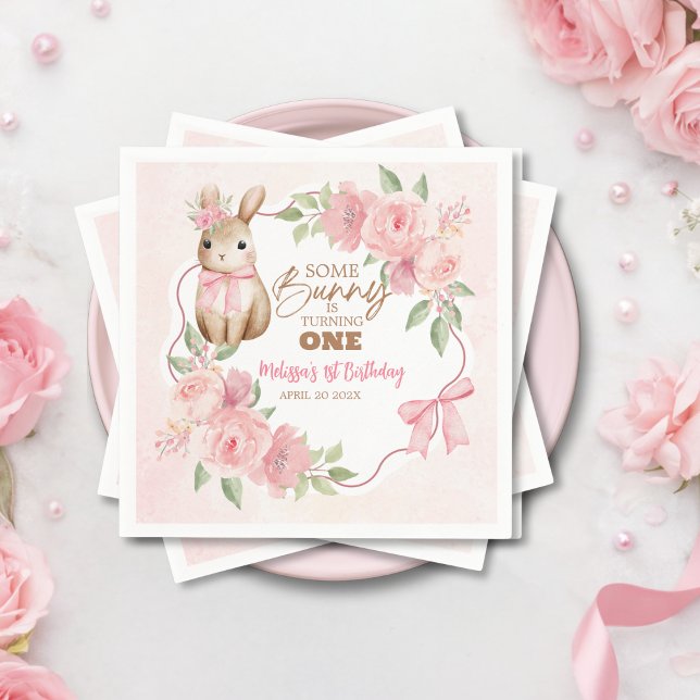 Guardanapo De Papel Cute Pink Floral Some Bunny Turning One Birthday  (Criador carregado)