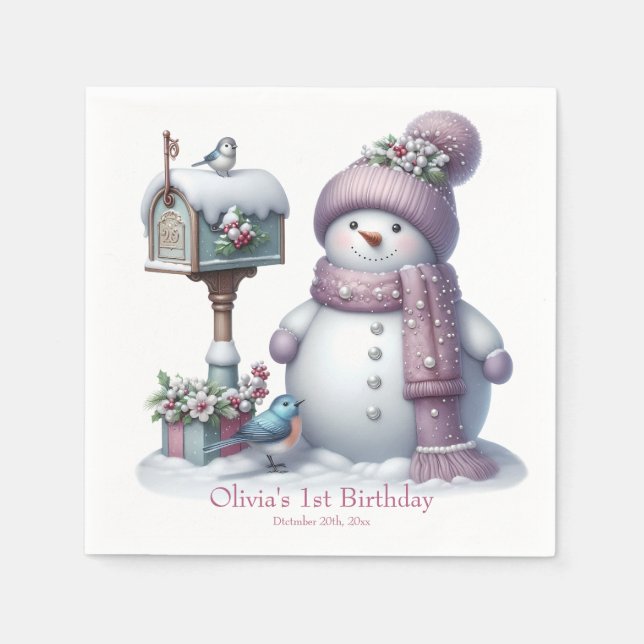 Guardanapo De Papel Cute Pink Snowman Winter Birthday (Frente)