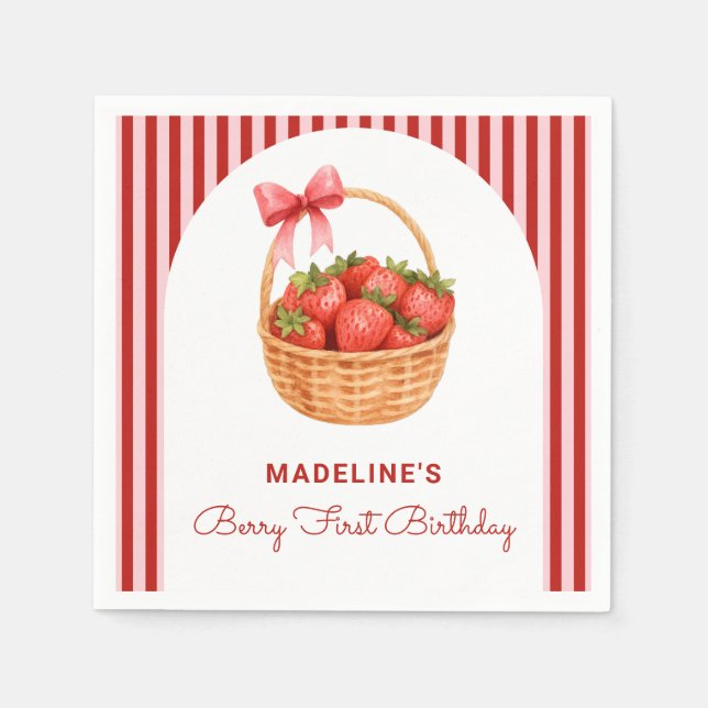 Guardanapo De Papel Cute Preppy Striped Berry First Birthday (Frente)