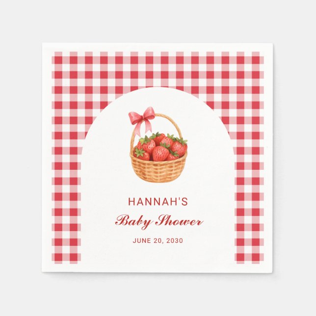 Guardanapo De Papel Cute Red Gingham Strawberry Girl Baby Shower (Frente)