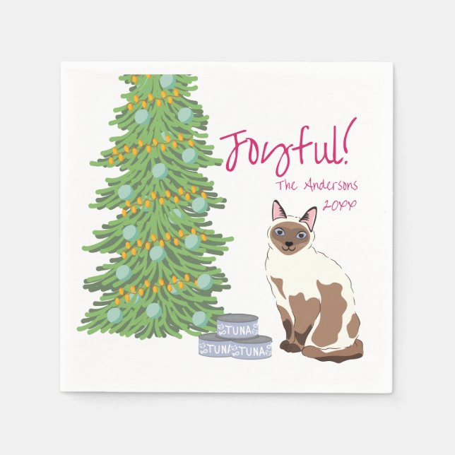 Guardanapo De Papel Cute Siamese Cat with Tuna Christmas Joyful (Frente)