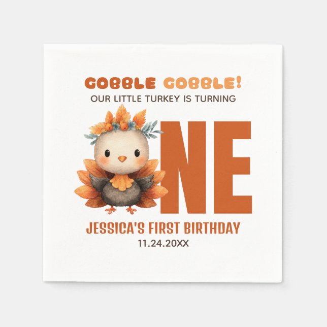 Guardanapo De Papel Cute Turkey Gobble Thanksgiving 1st Birthday (Frente)