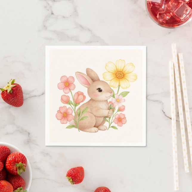 Guardanapo De Papel Cute Watercolor Bunny Rabbit Floral  (Insitu)