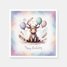 Cute Watercolor Moose with Balloons Birthday 