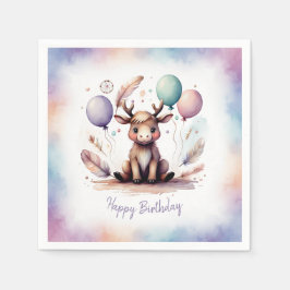 Guardanapo De Papel Cute Watercolor Moose with Balloons Birthday