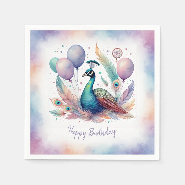 Guardanapo De Papel Cute Watercolor Peacock Balloons Birthday  (Frente)