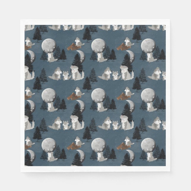 Guardanapo De Papel Cute Wolf Pack Woodland Night Sky Moon (Frente)