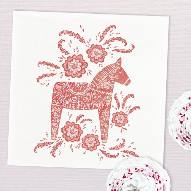 Guardanapo De Papel Dala Horse Red e White Suecos (Swedish Dala Horse art paper napkin red and white)