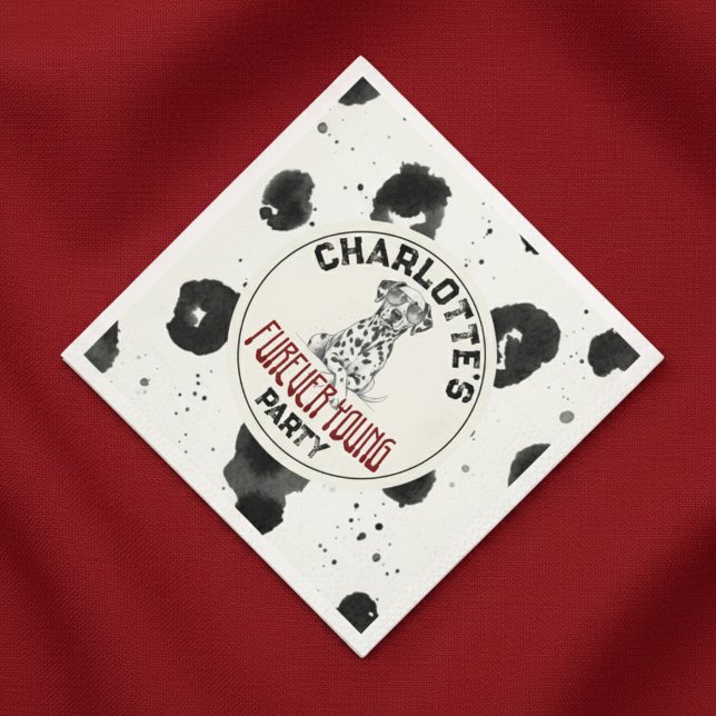Guardanapo De Papel Dalmaciano Fuere Young primeiro aniversario Pawty (Celebrate your headliner's special day with this Dalmatian Furever Young 1st Birthday Pawty Napkins!)