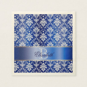 Guardanapo De Papel Damasco azul e branco do monograma