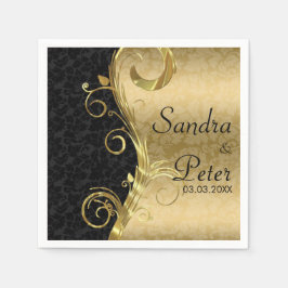 Guardanapo De Papel Damasco Dourado Metálico E Preto - Salve A Data