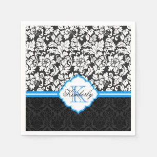 Guardanapo De Papel Damascos florais pretos do vintage branco & azul