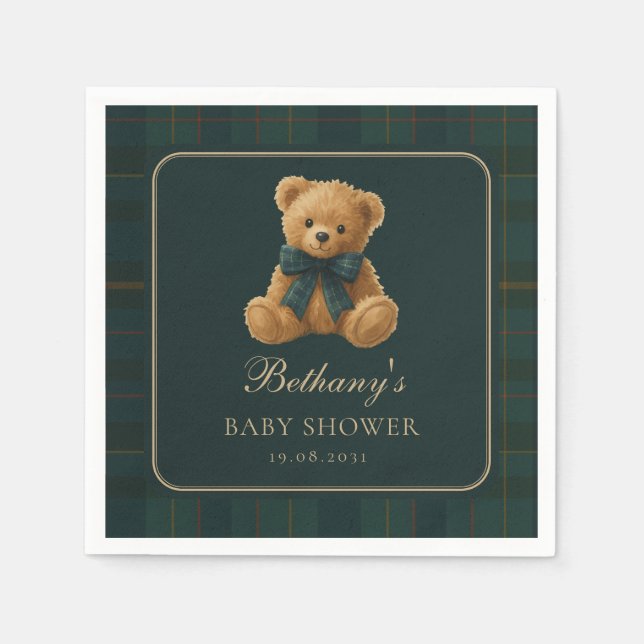 Guardanapo De Papel Dark Green Polo Tartan Teddy Bear Baby Shower (Frente)
