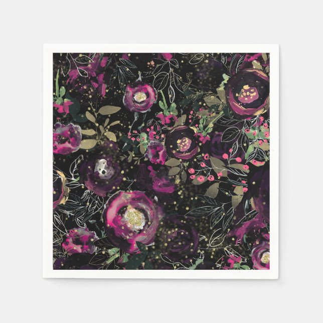 Guardanapo De Papel Dark Moody Berry Plum Sparkle Floral Modern (Frente)