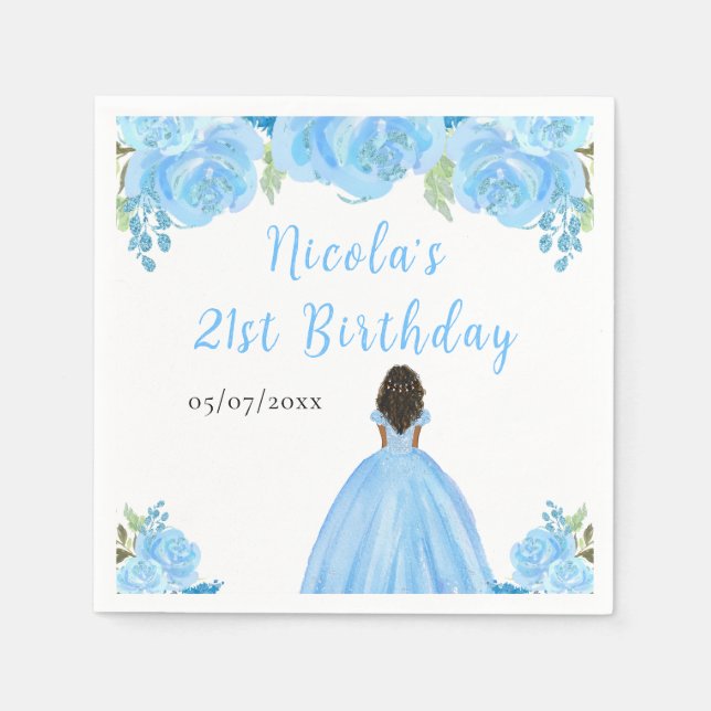 Guardanapo De Papel Dark Skin Princess Blue Floral Birthday Party (Frente)