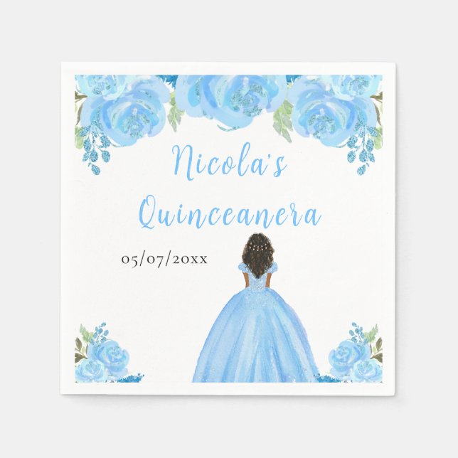Guardanapo De Papel Dark Skin Princess Blue Floral Quinceanera (Frente)