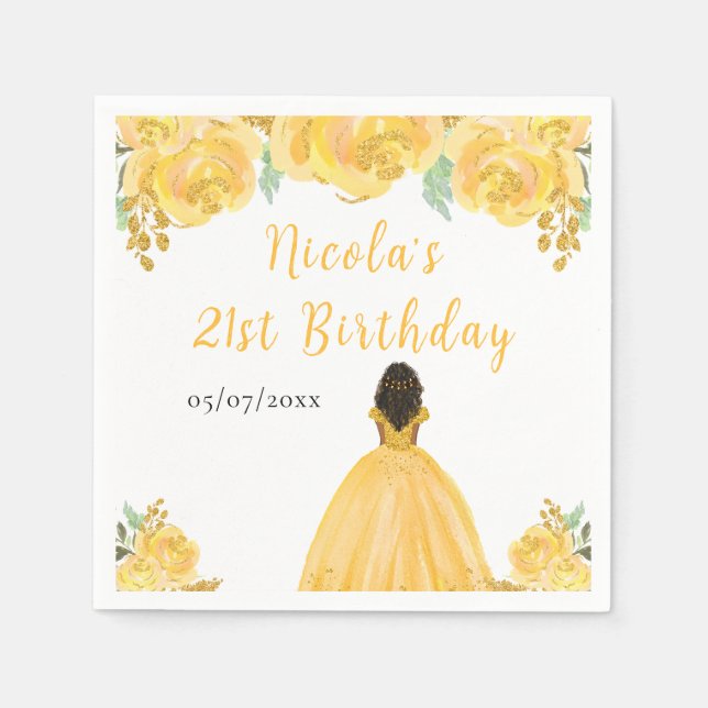 Guardanapo De Papel Dark Skin Princess Gold Floral Birthday Party (Frente)