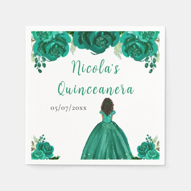 Guardanapo De Papel Dark Skin Princess Green Floral Quinceanera (Frente)