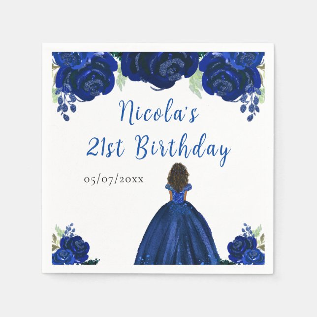 Guardanapo De Papel Dark Skin Princess Navy Floral Birthday Party (Frente)