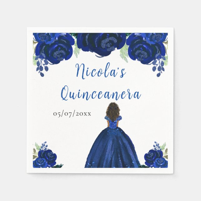 Guardanapo De Papel Dark Skin Princess Navy Floral Quinceanera (Frente)
