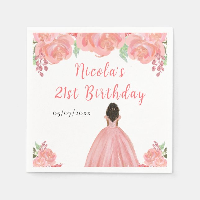 Guardanapo De Papel Dark Skin Princess Pink Floral Birthday Party (Frente)