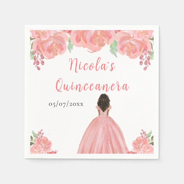 Guardanapo De Papel Dark Skin Princess Pink Floral Quinceanera (Frente)