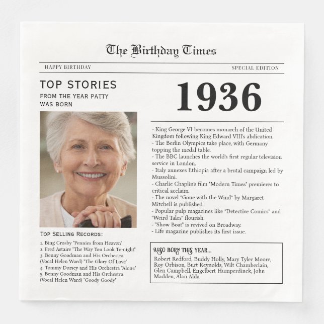Guardanapo De Papel De Jantar 1936 Newspaper Birthday Paper Napkin (Frente)