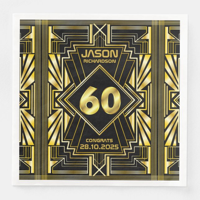Guardanapo De Papel De Jantar 60º aniversário Art Deco Dourado Excelente Negro G (Frente)