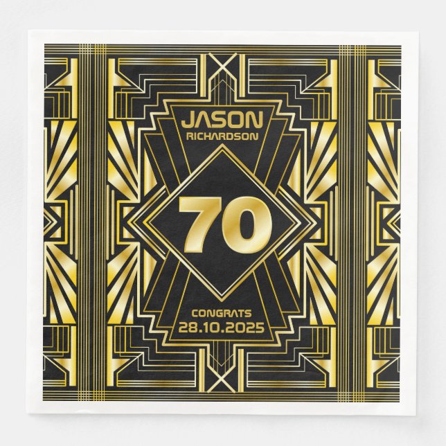Guardanapo De Papel De Jantar 70 Birthday Art Deco Dourado Excelente Negro Gatsb (Frente)