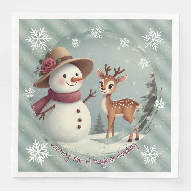 Guardanapo De Papel De Jantar Adorable Deer And Snowman Holiday (Frente)