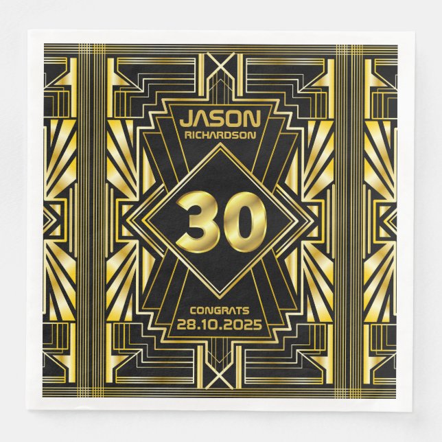 Guardanapo De Papel De Jantar aniversário de 30 anos Art Deco Dourado Excelente  (Frente)