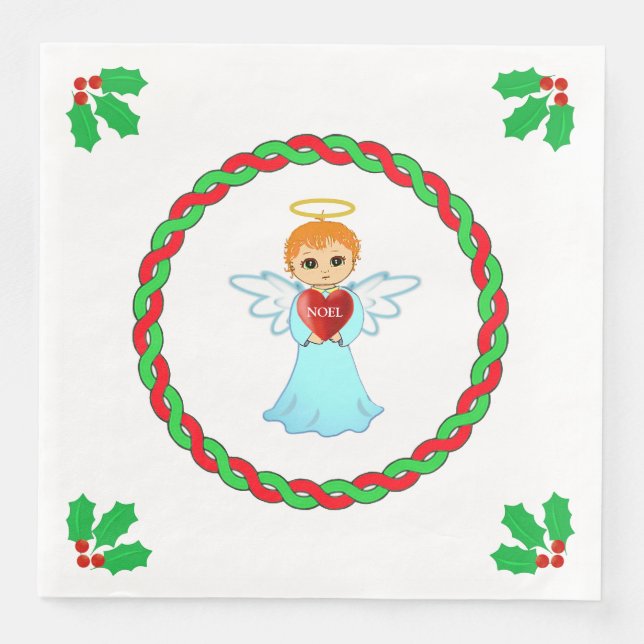 Guardanapo De Papel De Jantar Anjo de Natal & folhas de azevinho em branco (Frente)